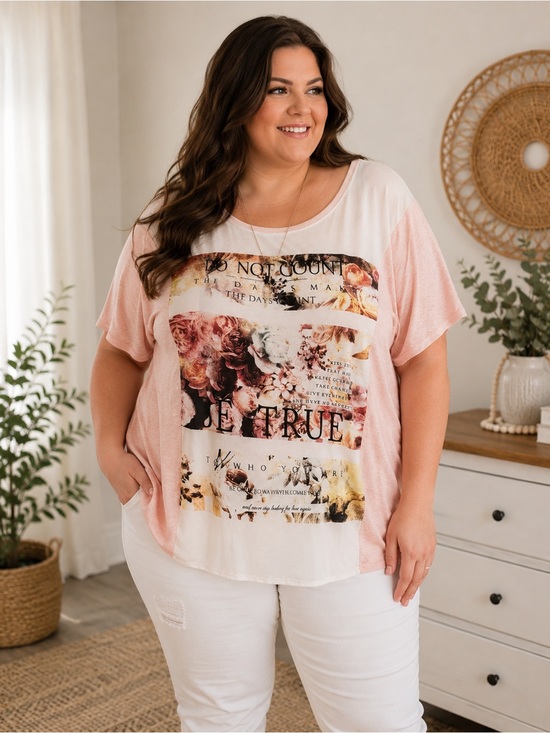 Dressbarn Tops - Dressbarn 3X Floral Graphic Tee Pink Lightweight Plus Size Boho Top